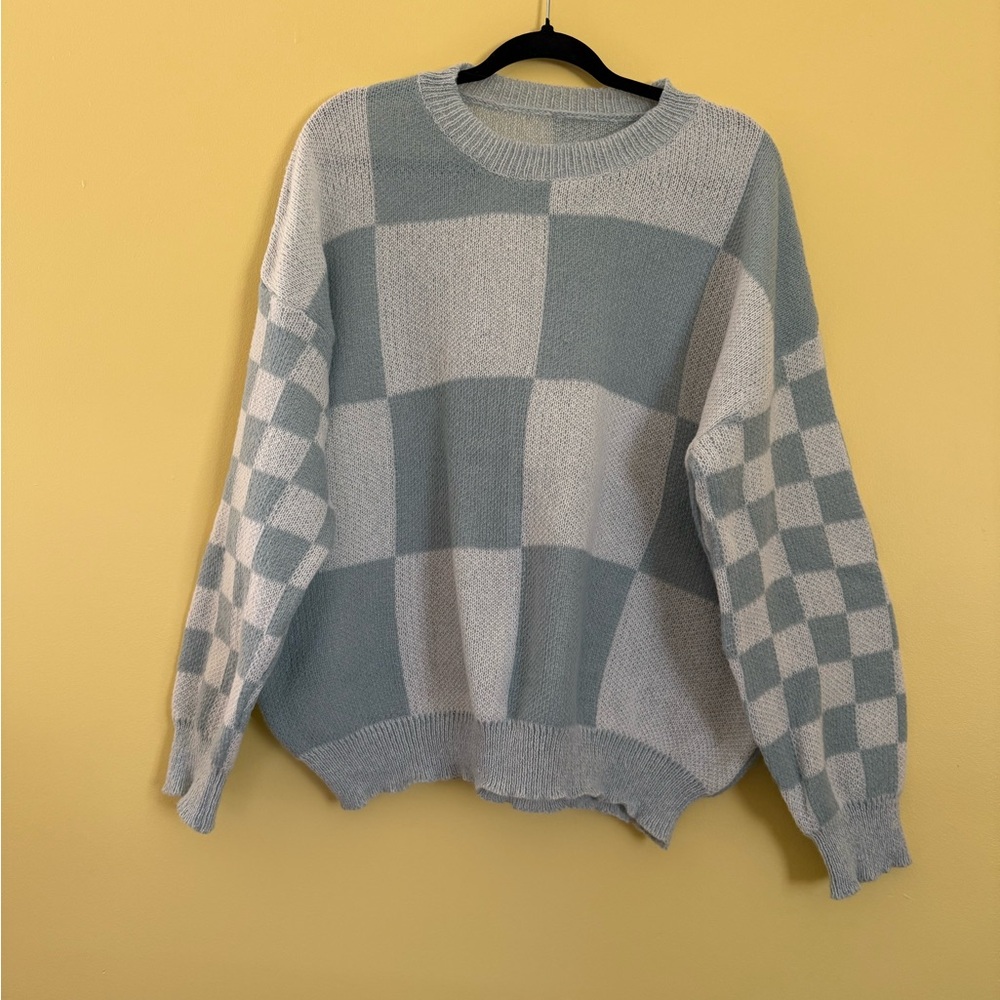 Blue Checkered Knit Sweater